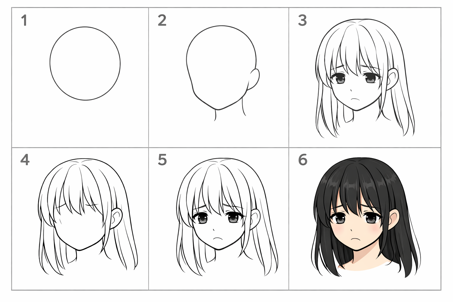 Cómo dibujar una expresión triste anime para niños — paso 1